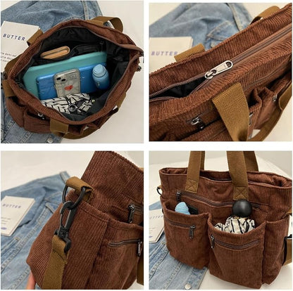 Bruna bolso de pana abierto: compartimento interior, bolsillos y detalles
