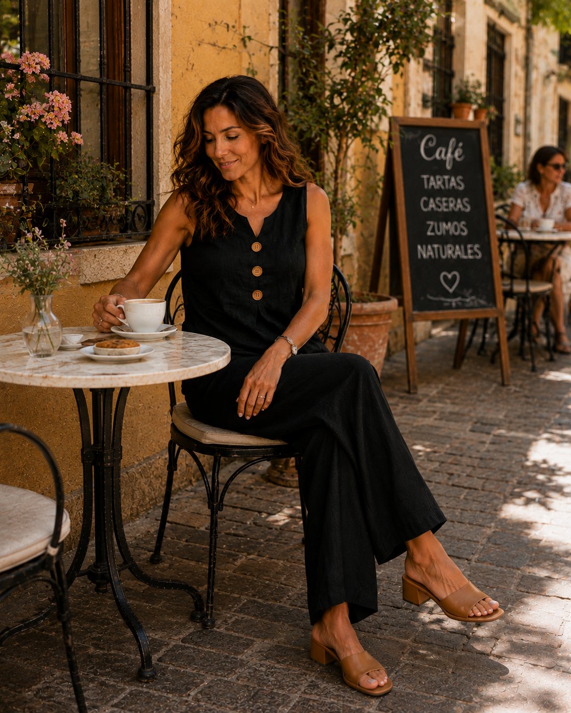 Conjunto de dos piezas con top escote en V y pantalón de pierna ancha