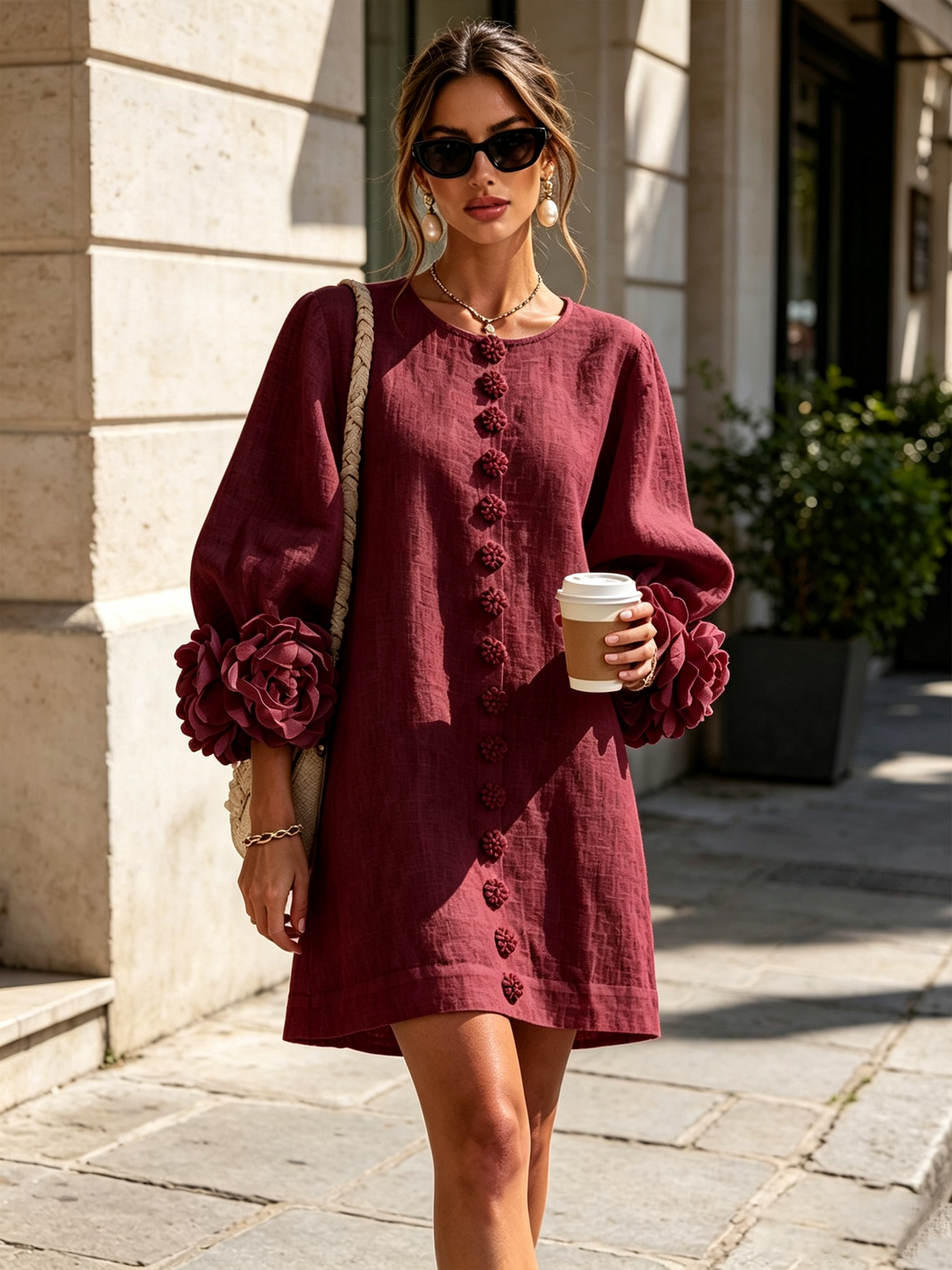 Ilaria | Vestido mini de mezcla de lino con puños de rosa, burdeos