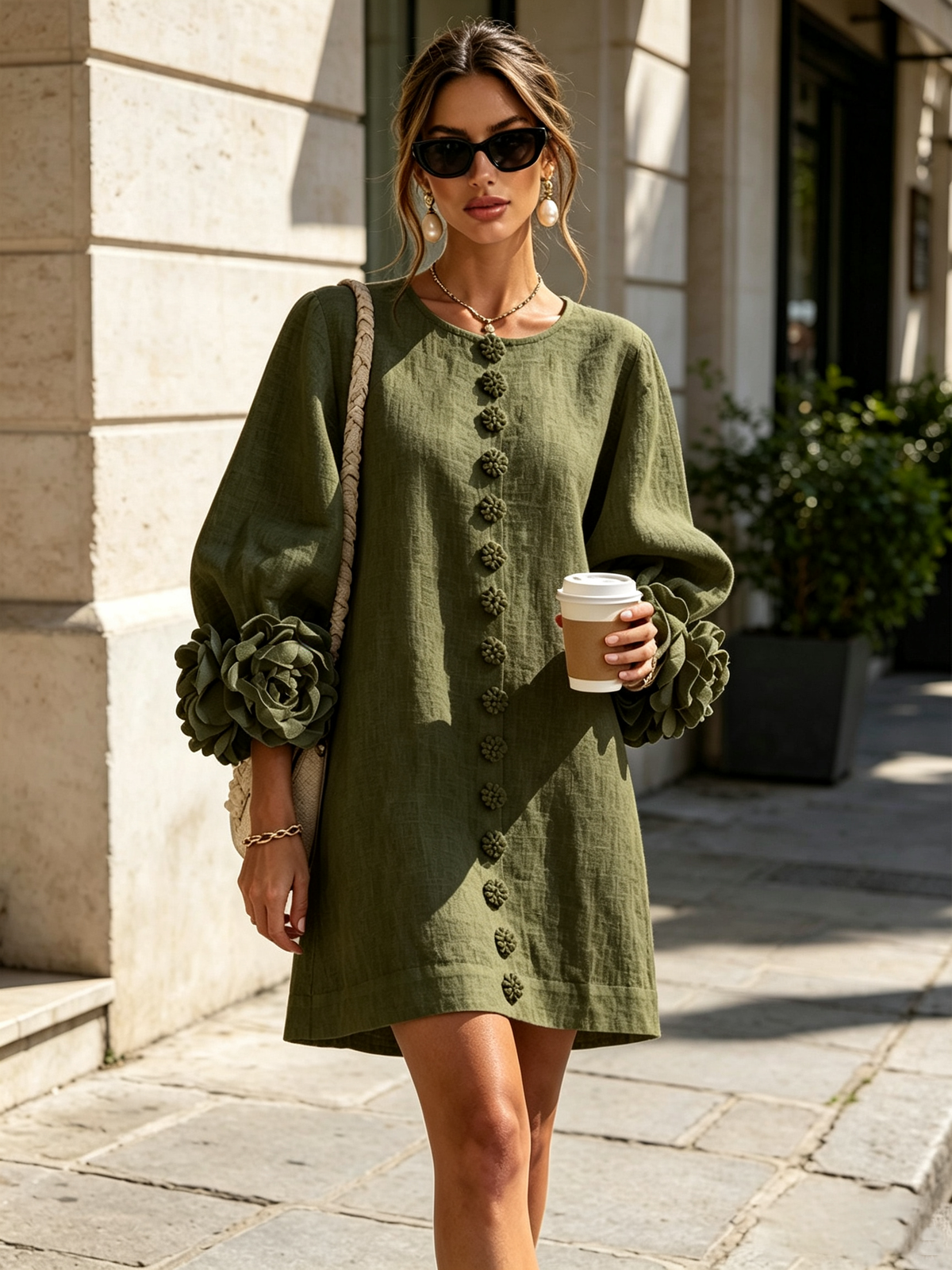 Gaia | Vestido mini de mezcla de lino con puños en rosa y verde oliva