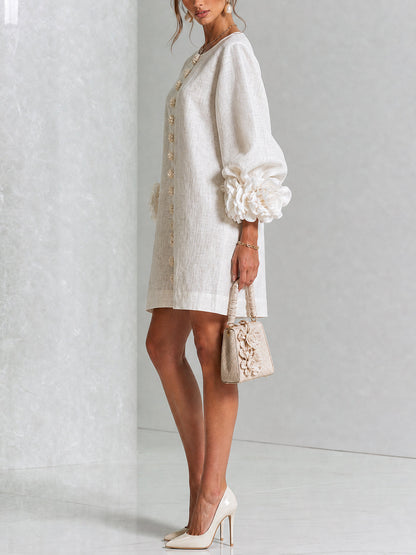 Chiara | Vestido mini de mezcla de lino con puños rosas, blanco