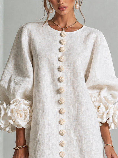 Chiara | Vestido mini de mezcla de lino con puños rosas, blanco