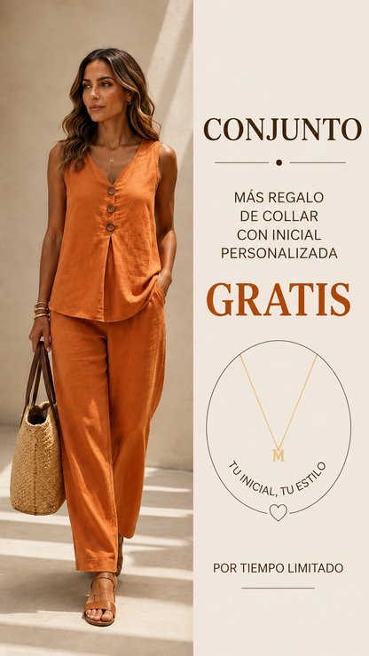 Conjunto de dos piezas con top escote en V y pantalón de pierna ancha