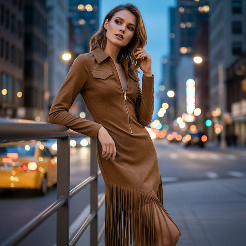 Vestido midi con flecos y cuello camisero Martina - vista 5