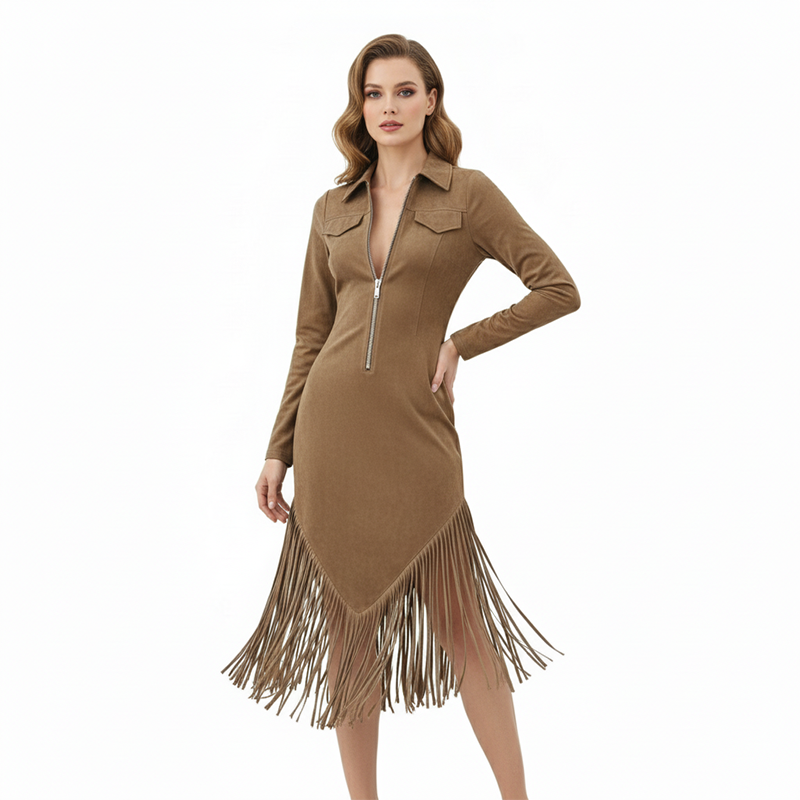 Vestido midi con flecos y cuello camisero Martina