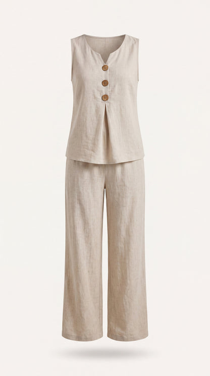 Conjunto de dos piezas con top escote en V y pantalón de pierna ancha