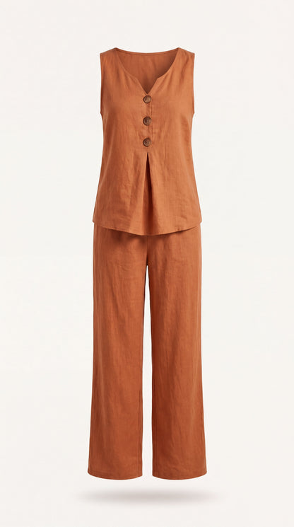 Conjunto de dos piezas con top escote en V y pantalón de pierna ancha