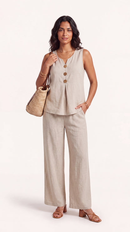 Conjunto de dos piezas con top escote en V y pantalón de pierna ancha