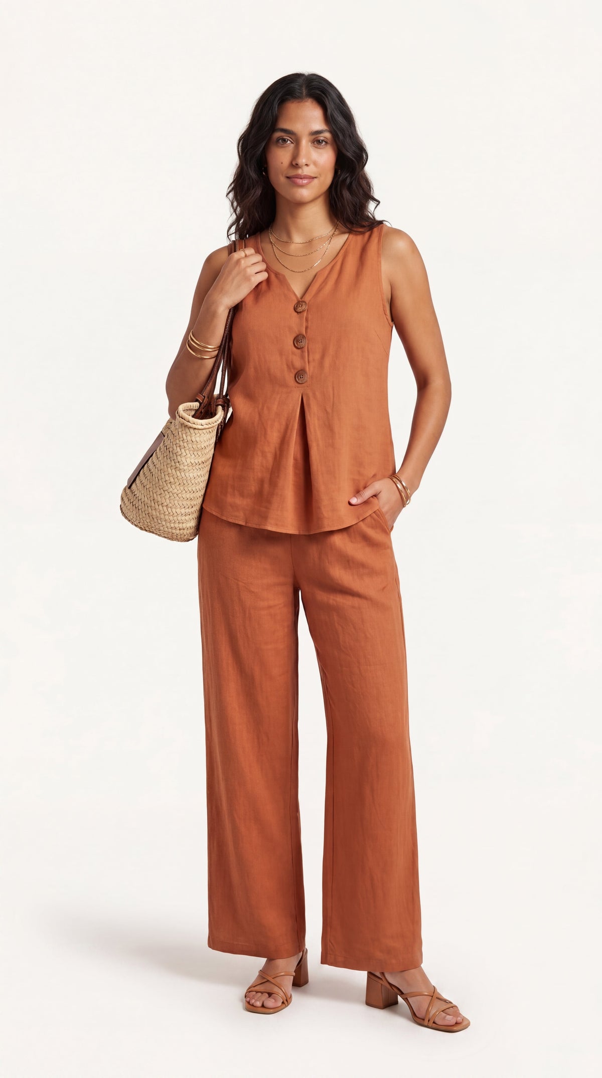 Conjunto de dos piezas con top escote en V y pantalón de pierna ancha