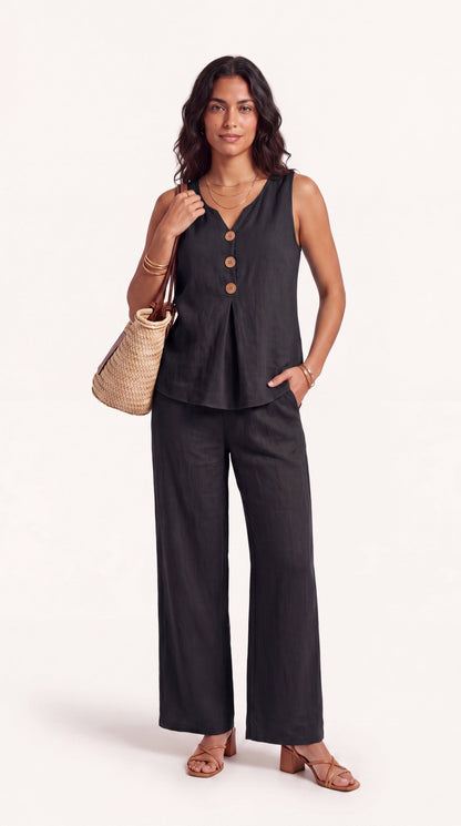 Conjunto de dos piezas con top escote en V y pantalón de pierna ancha