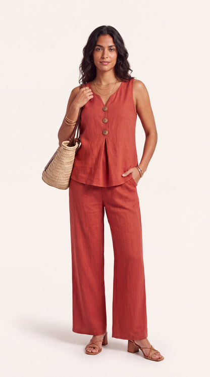 Conjunto de dos piezas con top escote en V y pantalón de pierna ancha