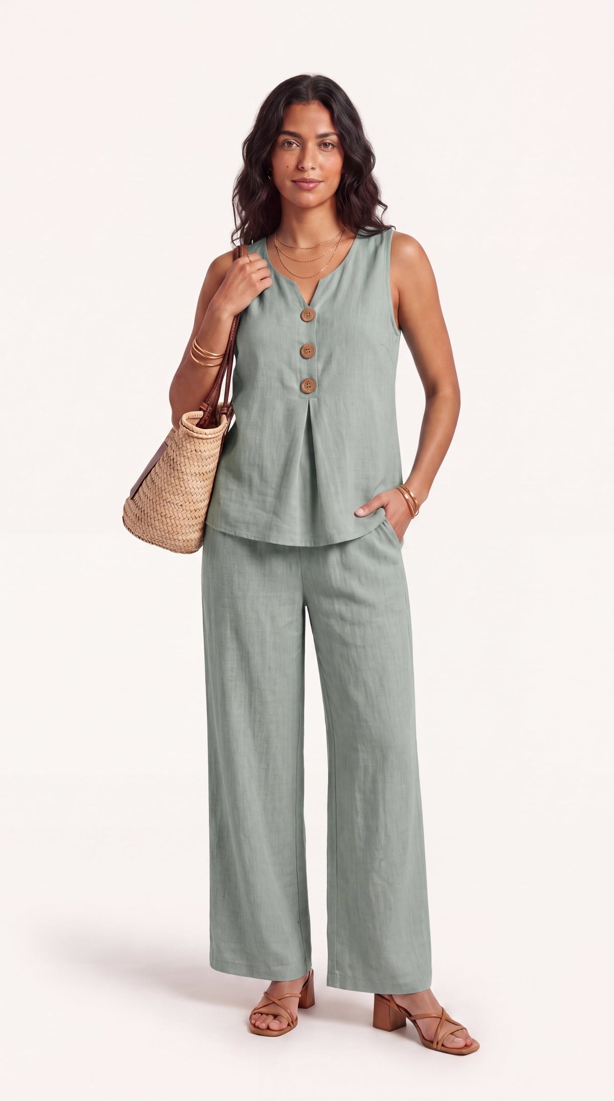 Conjunto de dos piezas con top escote en V y pantalón de pierna ancha
