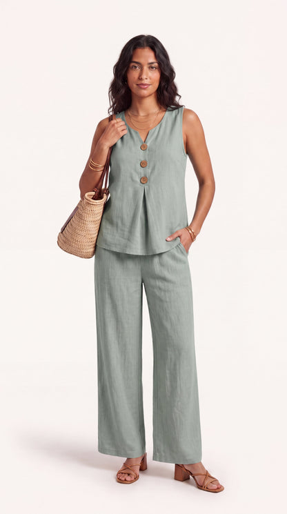 Conjunto de dos piezas con top escote en V y pantalón de pierna ancha