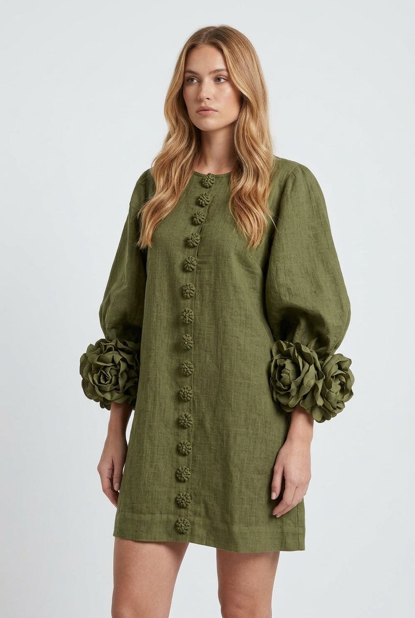 Gaia vestido mini de lino verde oliva